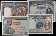 Lote 4 billetes 500 y 1.000 Pesetas. 1925, 1927 y 1928. Carlos I, Isabel ´La Católica´, Cardenal Cisneros y San Fernando. A EXAMINAR. Ed-351, 352, 356...