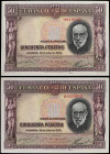 Lote 2 billetes 50 Pesetas. 22 Julio 1935. Ramón y Cajal. Sin Serie, pareja correlativa. Ed-366. SC.
