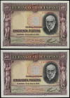Lote 2 billetes 50 Pesetas. 22 Julio 1935. Ramón y Cajal. Sin serie, pareja correlativa. (Leve arruga). Ed-366. SC.