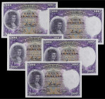 Lote 5 billetes 100 Pesetas. 25 Abril 1931. Fernández de Córdoba. Una pareja y un trío correlativo. Ed-360. SC.