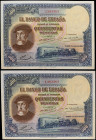 Lote 2 billetes 500 Pesetas. 7 Enero 1935. Hernán Cortés. Pareja correlativa. (Leves manchas en la parte inferior). Ed-365. (SC).