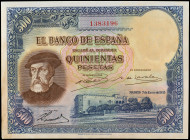 500 Pesetas. 7 Enero 1935. Hernán Cortés. (Manchas de humedad y rotura en la esquina inferior izquierda). Ed-365. (EBC).
