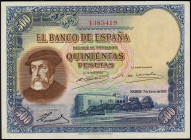 500 Pesetas. 7 Enero 1935. Hernán Cortés. (Leves reparaciones en margen). Ed-365. MBC+.
