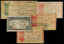 Lote 5 billetes 5 (3), 10 y 50 Pesetas. 1936 y 1937. BANCO DE ESPAÑA. BILBAO. Diferentes antefirmas. (Alguno con restauraciones con adhesivo). A EXAMI...