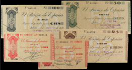 Serie 5 billetes 5 (2), 25, 50 y 100 Pesetas. 30 Agosto 1936. EL BANCO DE ESPAÑA. BILBAO. Diferentes antefirmas. A EXAMINAR. Ed-368b, 368Aa, 369f, 370...