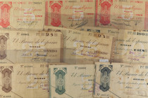 Lote 9 billetes 5 (3), 25 (3), 50, 100 Pesetas (2). 30 Agosto y 1 Septiembre 1936. BANCO DE ESPAÑA. BILBAO. Diferentes antefirmas. A EXAMINAR. Ed-368a...