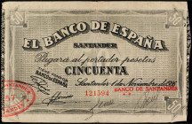50 Pesetas. 1 Noviembre 1936. EL BANCO DE ESPAÑA. SANTANDER. Antefirma: Banco de Santander. Ed-378g. MBC.