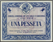 1 Pesseta. 19 Desembre 1936. CONSELL GENERAL DE LES VALLS D´ANDORRA. Emisión azul. (Leve pliegue vertical planchado). EXCELENTE PRESENCIA. Ed.AND-2. (...