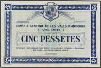5 Pessetes. 19 Desembre 1936. CONSELL GENERAL DE LES VALLS D´ANDORRA. Emisión azul. Tampón en violeta al dorso. (Ligeras restauración en el márgenes)....