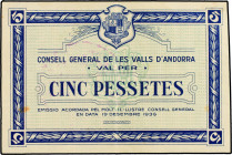 5 Pessetes. 19 Desembre 1936. CONSELL GENERAL DE LES VALLS D´ ANDORRA. RARO. Emisión azul. (Manchitas del tiempo). Ed-AND6. MBC+.