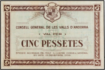 5 Pessetes. 19 Desembre 1936. CONSELL GENERAL DE LES VALLS D´ANDORRA. Emisión marrón. (Restauración en los márgenes). Muy buen aspecto. Ed-AND7. (MBC+...