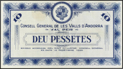 10 Pessetes. 19 Desembre 1936. CONSELL GENERAL DE LES VALLS D´ANDORRA. Emisión azul. (Leve mancha en la parte superior, inapreciables restauraciones e...