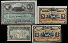Lote 4 billetes 5 Pesetas, 5 (2) y 10 Pesos. 15 Mayo 1896 y 1 Enero 1937. EL BANCO ESPAÑOL DE LA ISLA DE CUBA (3) y EL BANCO DE ESPAÑA. BILBAO. 5 Pese...