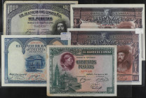 Lote 5 billetes 500 (2), 1.000 Pesetas (3). 1925 a 1928. A EXAMINAR. Ed-351(2), 352, 356, 357. MBC a EBC.