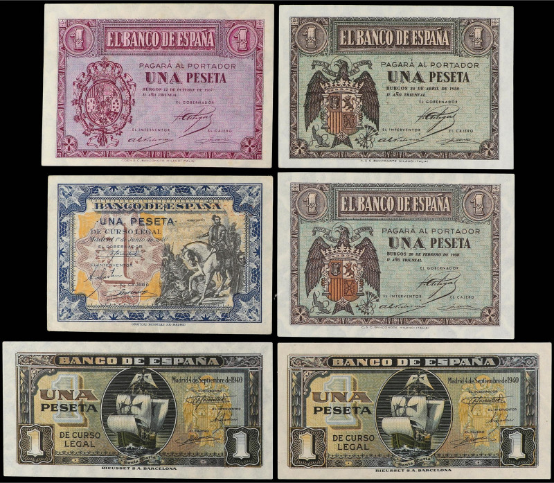 Lote 6 billetes 1 Peseta. 1937 a 1940. Todos diferentes. A EXAMINAR. Ed-425, 427...