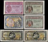 Lote 6 billetes 1 Peseta. 1937 a 1940. Todos diferentes. A EXAMINAR. Ed-425, 427a, 428a, 441a, 442, 442a. EBC- a SC.