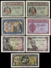 Lote 7 billetes 1 Peseta. 1937 a 1945. A EXAMINAR. Ed-425a, 427a, 428b, 441a, 442a, 447a, 448a. EBC a SC-.