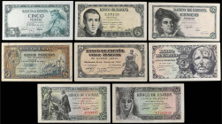 Lote 8 billetes 5 Pesetas. 1937 a 1954. A EXAMINAR. Ed-424a, 443a, 446a, 449, 454, 455a, 459a, 466a. MBC a SC-.