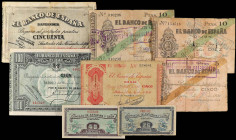 Lote 8 billetes 25 Centimos a 100 Pesetas. 1936 y 1937. BANCO DE ESPAÑA. BILBAO, GIJÓN y SANTANDER, CONSEJO DE ASTURIAS y LEÓN. ASTURIAS y LEÓN: 25, 4...