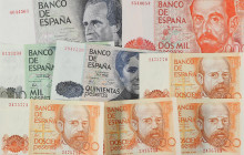 Lote 8 billetes 200 (4), 500, 1.000, 2.000 y 10.000 Pesetas. 1979 a 1985. Clarín (4 correlativos), Rosalia de Castro, Pérez Galdós, Juan Ramón Jiménez...