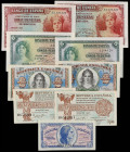Lote 9 billetes 50 Céntimos, 1 (2), 2 (2), 5 (2), 10 Pesetas (2). 1935 a 1937. A EXAMINAR. Ed-391a, 392 (2), 393 (2), 363 (2), 364a (2). SC.