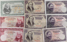 Lote 9 billetes 25 (6) y 50 Pesetas (3). 1940 a 1954. A EXAMINAR. Ed-437a, 450a (3), 462a (2), 467a (3). MBC+ a EBC.