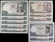 Lote 10 billetes 100 (3), 500 (2) y 1.000 Pesetas (5). 1970 y 1971. Lote compuesto por 10 billetes con numeración baja y casi correlativos entre sí: 3...