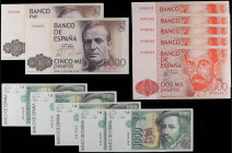 Lote 12 billetes 1.000 (5), 2.000 (5), 5000 (2) Pesetas. 1979 a 1992. Hernán Cortés Serie A Todos correlativos. Juan Ramón Jiménez Sin Serie Todos cor...
