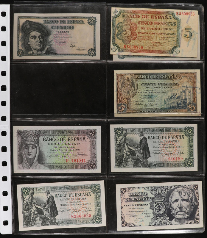 Lote 67 billetes 5 Pesetas. 1938 a 1954. Todos diferentes, incluye 37 billetes B...