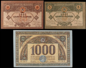Lote 3 billetes 5, 10, 1.000 Rublos. 1919-1920. GEORGIA. A EXAMINAR. Pick-9, 10, 14. MBC+ a EBC+.