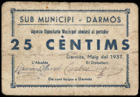 25 Cèntims. Maig 1937. DIPOSITARIA MUNICIPAL SUB-MUNICIPI DARMÓS. MUY ESCASO. Cartón. (Pequeñas roturas). AT-908. MBC-.