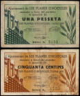 Lote 2 billetes 50 Cèntims y 1 Pesseta. 1 Juliol 1937. Aj. de LES PLANES D´ HOSTOLES. (Manchitas). AT-1869, 1870. MBC- a MBC.