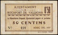 50 Cèntims. Març 1937. Aj. de ROCAFORT DE VALLBONA. MUY ESCASO. AT-2179. MBC+.