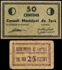Lote 2 billetes 25 y 50 Cèntims. Aj. de LINYOLA y C.M. De TORÁ. RARO y ESCASO. AT-1306, 2507. BC+ y MBC.