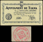 Lote 2 billetes 25 Cèntims. S/F y 11 Abril 1937. Aj. De SANT POL DE MAR y Aj. de TIANA. MUY ESCASO y ESCASO. El de Sant Pol de cartón. AT-2283, 2465. ...