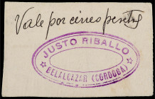 5 Pesetas. COMITE DEFENSA DE LA REPÚBLICA - BELALCÁZAR (Córdoba). COMERCIO DE JUSTO RIBALLO. MUY ESCASO. RGH-946. EBC+.