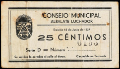 25 Céntimos. 15 Junio 1937. C.M. de ALBALATE LUCHADOR (Teruel). ESCASO. (Manchitas). RGH-173. MBC+.