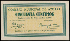 50 Céntimos. 30 Octubre 1937. C.M. de AZUARA (Zaragoza). MUY ESCASO. Numeración: 00096. (Pequeñas dobleces en esquinas). RGH-828. SC-.