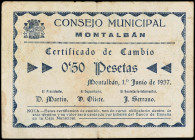 0, 50 Pesetas. 1 Junio 1937. C.M. de MONTALBÁN (Teruel). MUY ESCASO. (Leves roturas. Leves manchitas). RGH-3618. MBC.