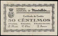 50 Céntimos. 1 Junio 1937. C.M. de MONTALBÁN (Teruel). ESCASO. (Algo sucio). RGH-3620. SC-.