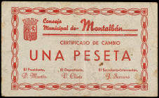 1 Peseta. 1 Junio 1937. C.M. de MONTALBÁN (Teruel). ESCASO. (Algo sucio). RGH-3621. MBC+.