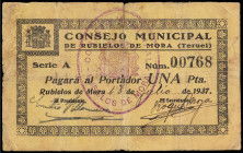 1 Peseta. 18 Julio 1937. C.M. de RUBIELOS DE MORA (Teruel). MUY RARO. RGH-4605. MBC.