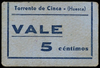 5 Céntimos. ALCALDÍA CONSTITUCIONAL de TORRENTE DE CINCA (Huesca). MUY ESCASO. Cartón. RGH-5112. EBC.