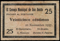 25 Céntimos. 20 Noviembre 1937. C.M. de DON BENITO (Badajoz). ESCASO. (Algo sucio. Esquina inferior reparada). RGH-2238. MBC.