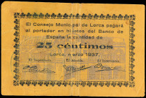 25 Céntimos. Marzo 1937. C. M. de LORCA (Murcia). ESCASO. RGH-3229. MBC+.