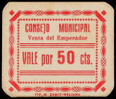 50 Céntimos. CONSEJO MUNICIPAL VENTA DEL EMPERADOR (Valencia). MUY RARO. Cartón. (Levísimas manchitas del tiempo). RGH-5450. SC-.