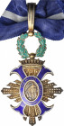 Orden del Mérito Civil, Comendador Ordinario. 1942-1975. AR dorada y esmaltes. Ø 53x47 mm. Con láurea articulada, anilla y cinta de cuello original. E...