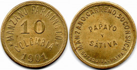 Colombia. Manzano Farming Co. 10 Centavos 1901 in Brass UNC