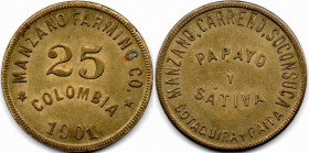 Colombia. Manzano Farming Co. 25 Centavos 1901 in Brass AU