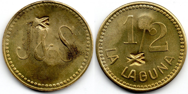 Costa Rica 1/2 La Laguna 1930s Brass w/ Counterstamp UNC